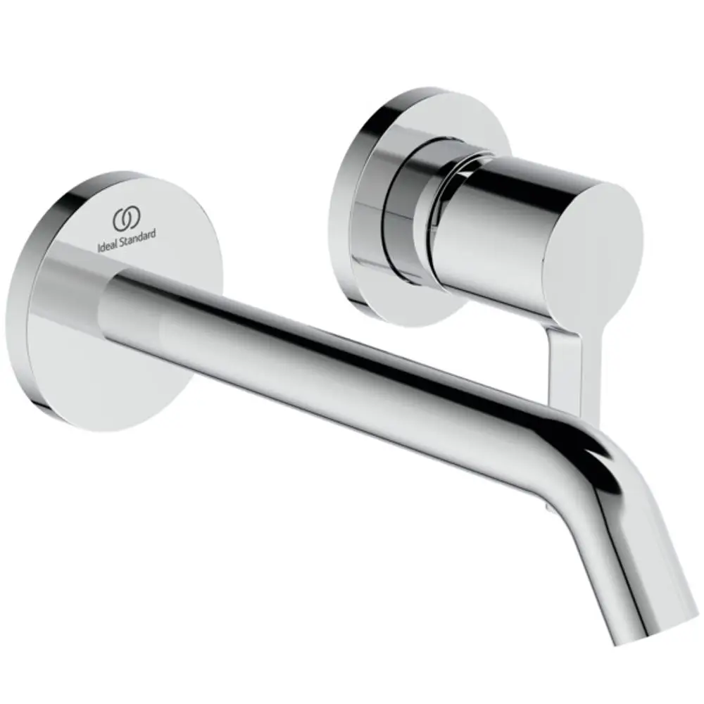 Wand-Waschtischarmatur mit runder Rosette und Auslauf, verchromt, von Ideal Standard, montiert an der Wand.